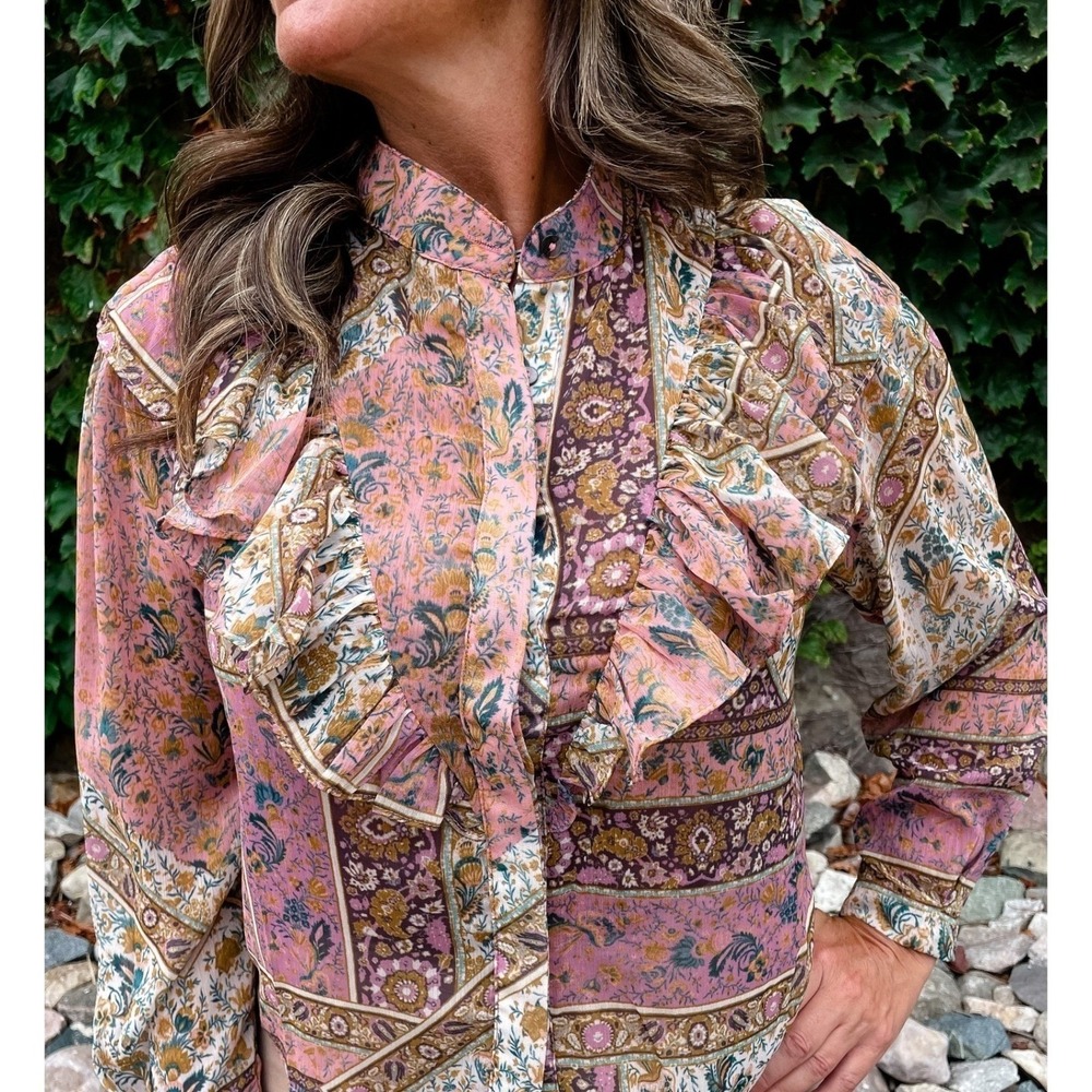 NEW Margot Robbie Wuthering Heights Victorian Mauve Floral Ruffle Blouse Sz M